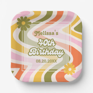 Retro Wave Groovy Flower Green 40th Birthday Paper Plate