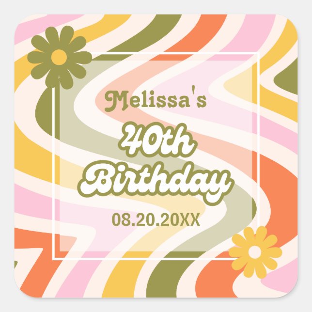 Retro Wave Groovy Flower Green 40th Birthday  Square Sticker (Front)