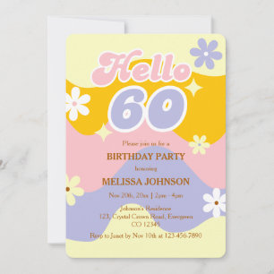 Retro Wave Groovy Flower Hello 60th Birthday  Invitation