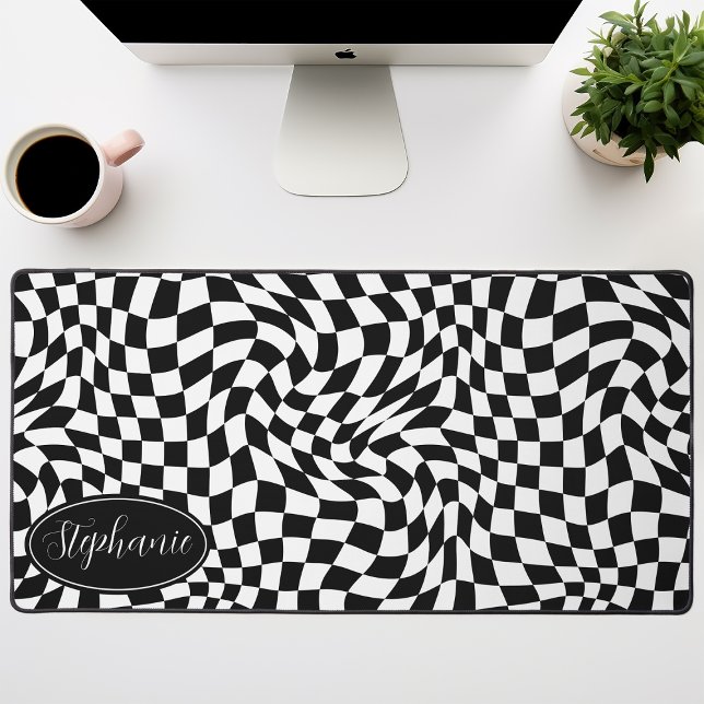  Retro Wave: Modern Wavy Black Chequerboard Desk Mat (Creator Uploaded)