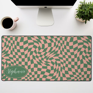 Retro Wave: Modern Wavy Pink Green Chequerboard Desk Mat