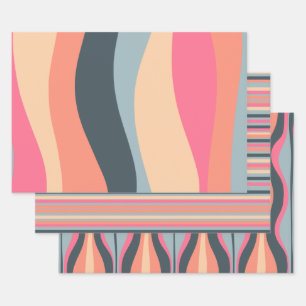Retro Waves and Stripes Pink Apricot Blue Wrapping Paper Sheet