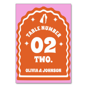 Retro Wavy Arch Pink & Orange Couples Photo Table Number