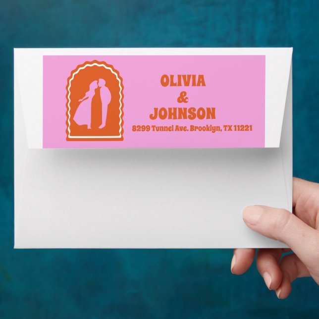 Retro Wavy Arch Pink Orange Personalised Wedding Envelope (Hand)