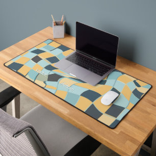 Retro Wavy Baby Blue Butter Yellow Chequered Desk Mat