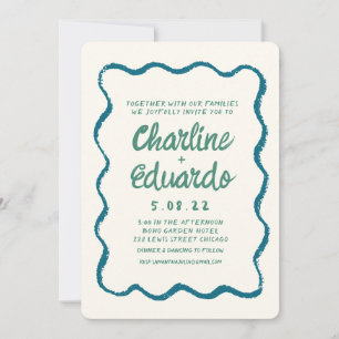 Retro Wavy Blue and Green Handwriting Wedding Invitation