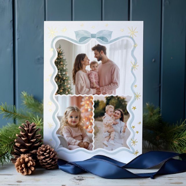 Retro Wavy Blue Bow Ribbon & Stars Photos Collage Foil Holiday Card (Retro Wavy Blue Bow Ribbon & Stars Photos Collage Foil Holiday Card)