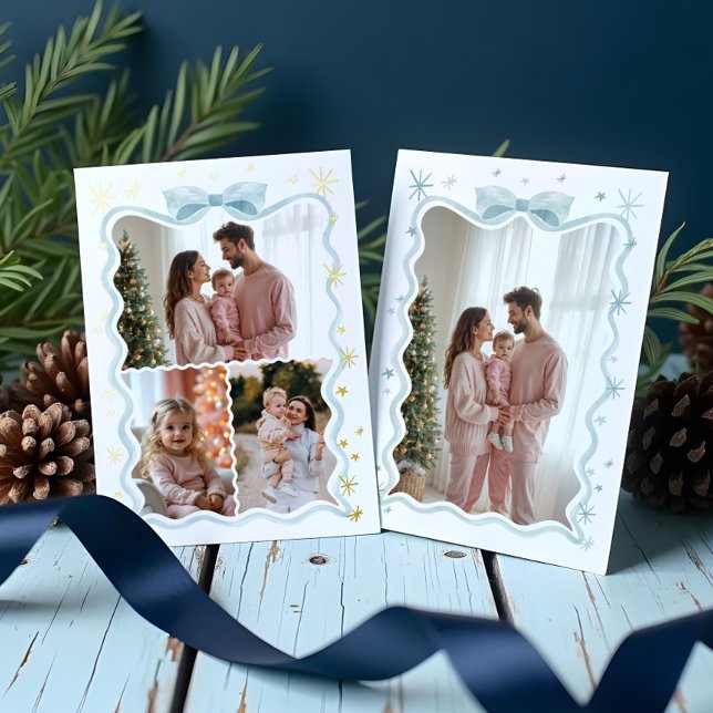 Retro Wavy Blue Bow Ribbon & Stars Photos Collage Foil Holiday Card (Retro Wavy Blue Bow Ribbon & Stars Photos Collage Foil Holiday Card)