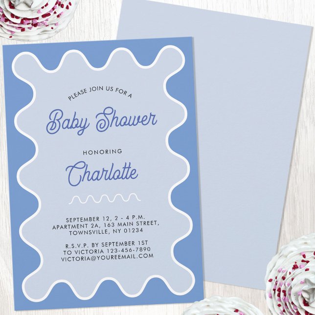 Retro Wavy Blue Curve Baby Shower Invitation (Retro modern wavy curve blue personalized baby shower invitation)
