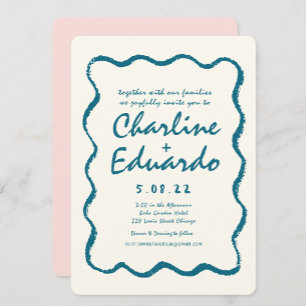 Retro Wavy Blue Handwriting Wedding Invitation