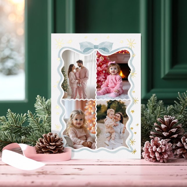 Retro Wavy Blue Ribbon & Stars Photos Collage Foil Holiday Card (Retro Wavy Blue Ribbon & Stars Photos Collage Foil Holiday Card)