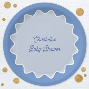 Retro Wavy Border Blue Curve Baby Shower Paper Plate