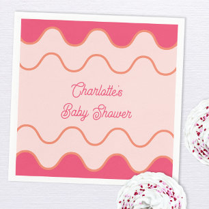 Retro Wavy Border Pink Curve Baby Shower Napkin