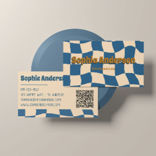 Retro Wavy Chequerboard Funky Blue Beige Business Card