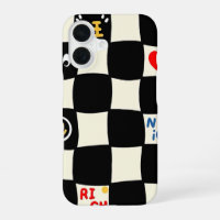 Retro Wavy Chequerboard Pattern with Doodle Icons