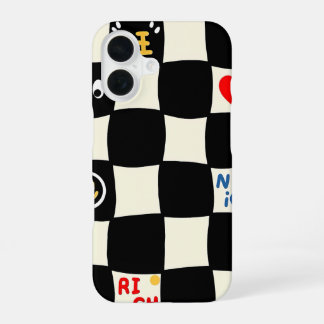Retro Wavy Chequerboard Pattern with Doodle Icons iPhone 16 Case