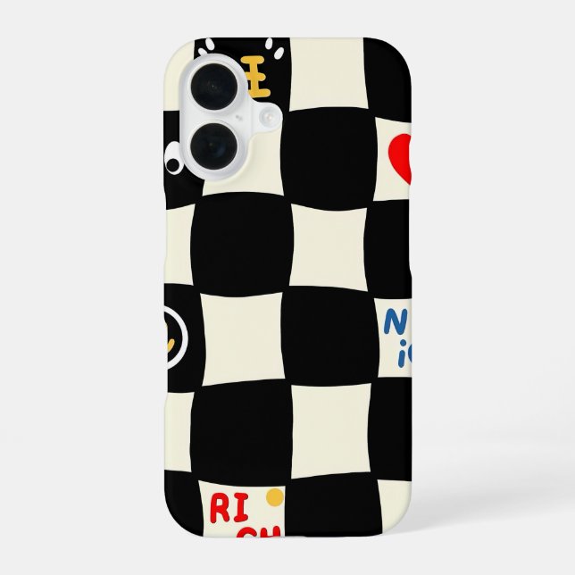 Retro Wavy Chequerboard Pattern with Doodle Icons iPhone 16 Case (Back)