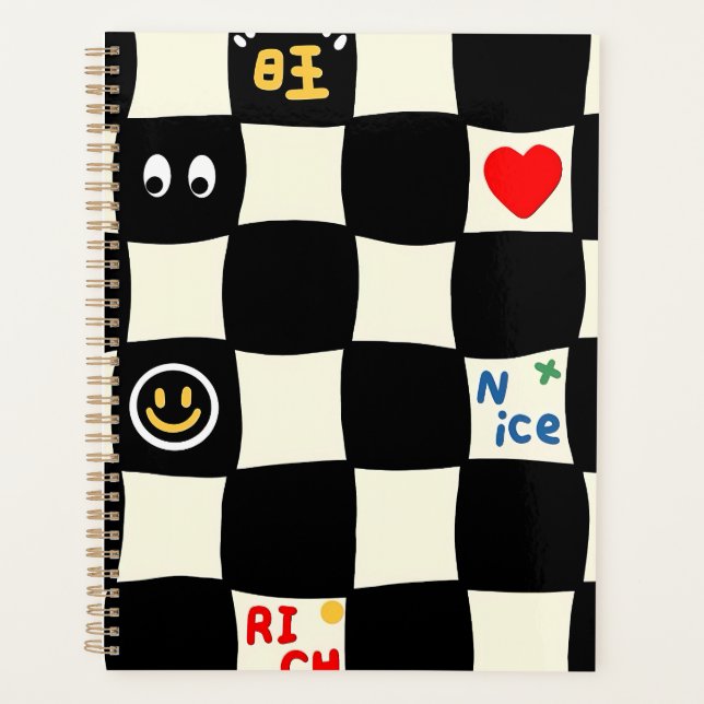 Retro Wavy Chequerboard Pattern with Doodle Icons Planner (Front)