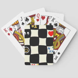 Retro Wavy Chequerboard Pattern with Doodle Icons Playing Cards