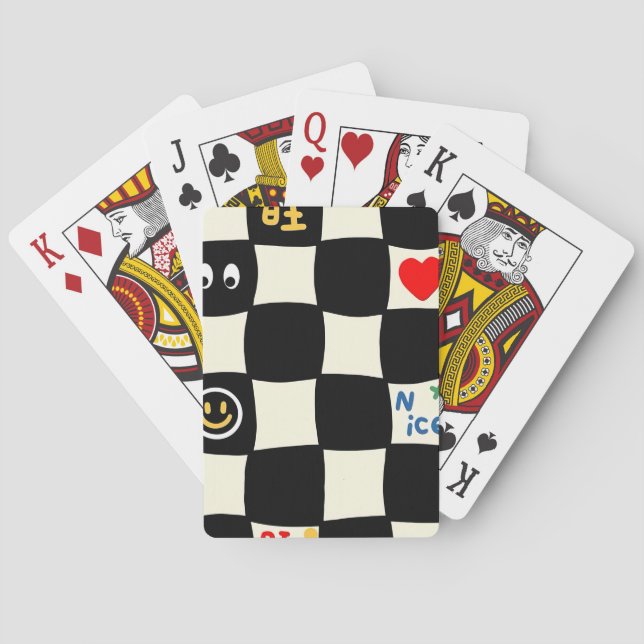 Retro Wavy Chequerboard Pattern with Doodle Icons Playing Cards (Back)