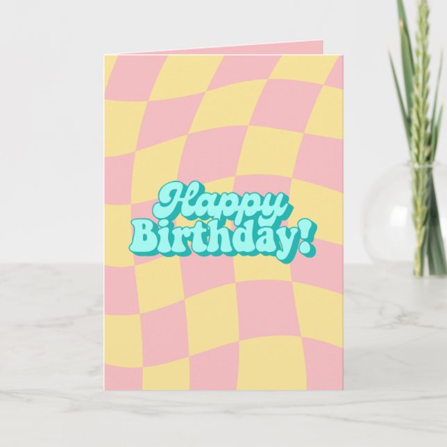 Retro Wavy Chequered Happy Birthday Card (Front)