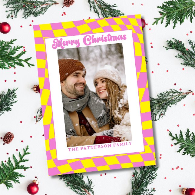 Retro Wavy Chequered Pink Yellow Photo Christmas  Holiday Card (Creator Uploaded)