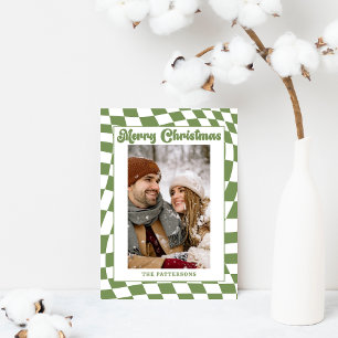 Retro Wavy Chequered Sage Green Photo Christmas  Holiday Card