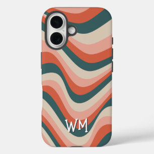 Retro Wavy Colourful Stripe Groovy Pattern Monogra iPhone 16 Case