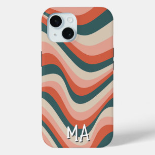 Retro Wavy Colourful Stripe Groovy Pattern Monogra iPhone 15 Case