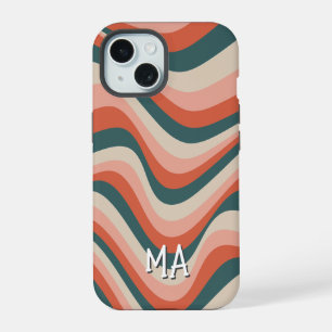 Retro Wavy Colourful Stripe Groovy Pattern Monogra iPhone 15 Case