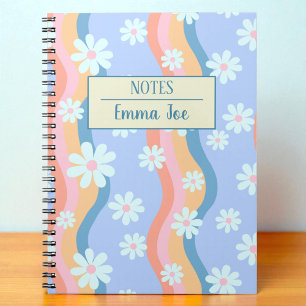 Retro Wavy Daisy Flowers Personalised with Name Notebook
