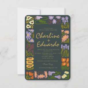 Retro Wavy Floral Colourful  Wedding  Invitation
