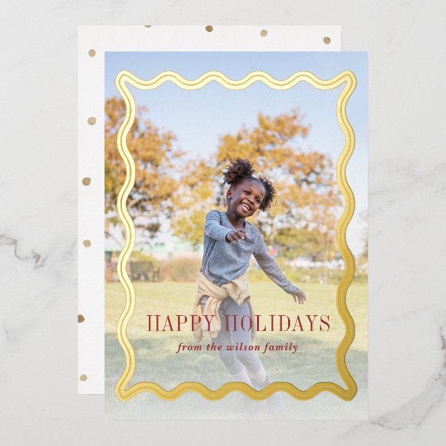 Retro Wavy Frame Holidays Full Photo Foil Holiday Card (Front/Back)