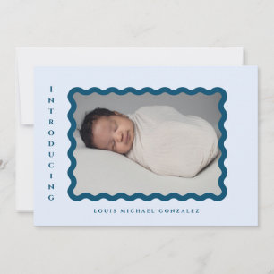 Retro Wavy Frame Photo Blue Birth Announcement