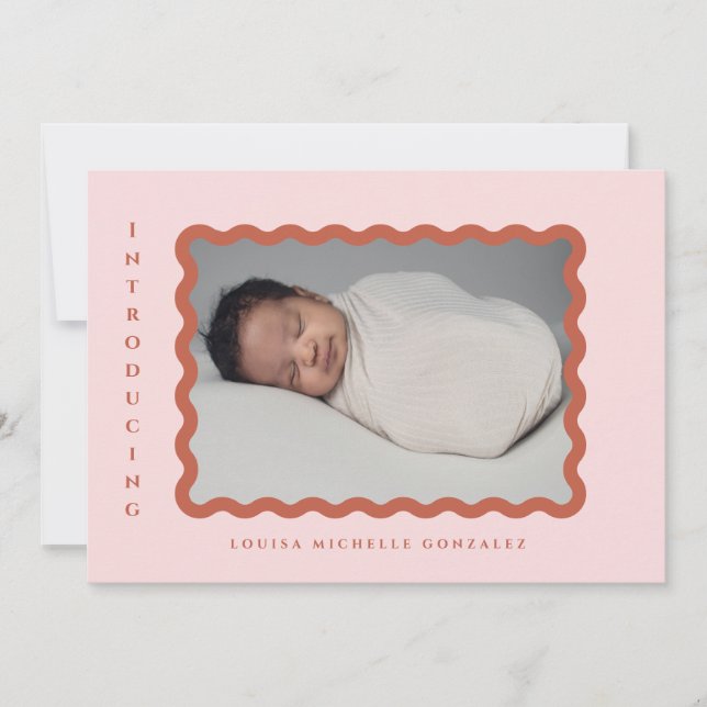 Retro Wavy Frame Photo Blush & Terracotta Birth Announcement (Front)