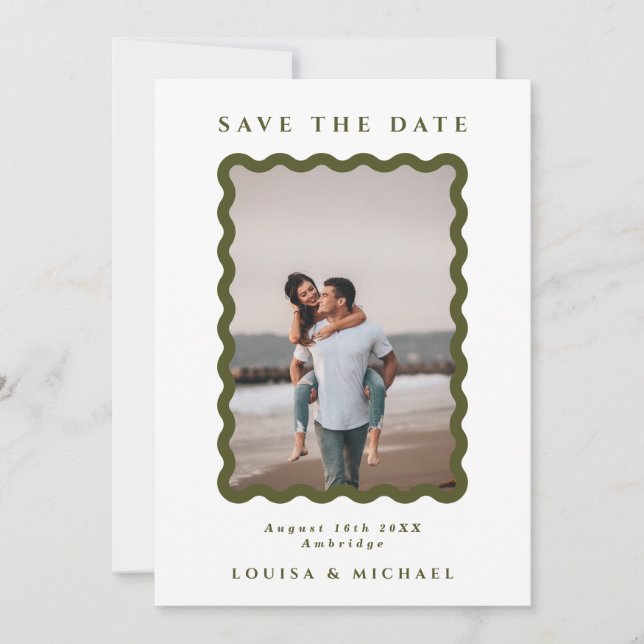 Retro Wavy Frame Photo Green & White Wedding  Save The Date (Front)
