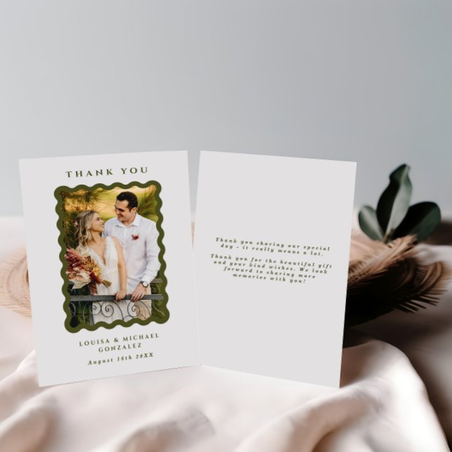 Retro Wavy Frame Photo Green & White Wedding Thank You Card (Creator Uploaded)