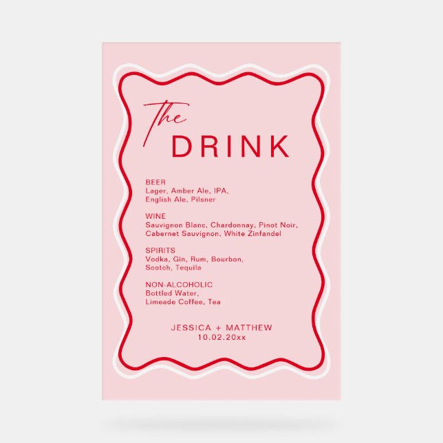 Retro Wavy Frame Red and Pink Wedding Bar  Acrylic Sign (Front)