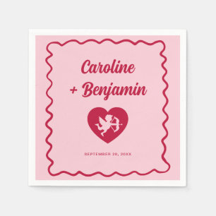 Retro Wavy Frame Red Pink Cupid Heart Wedding Napkin
