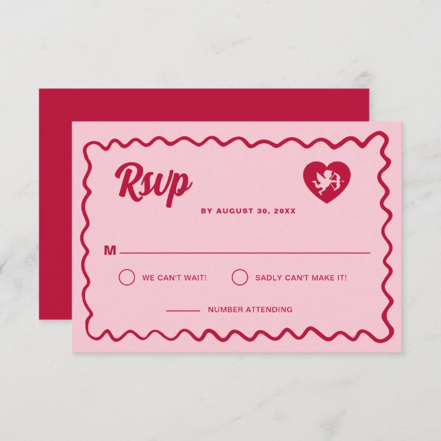 Retro Wavy Frame Red Pink Cupid Heart Wedding RSVP Card (Front/Back)