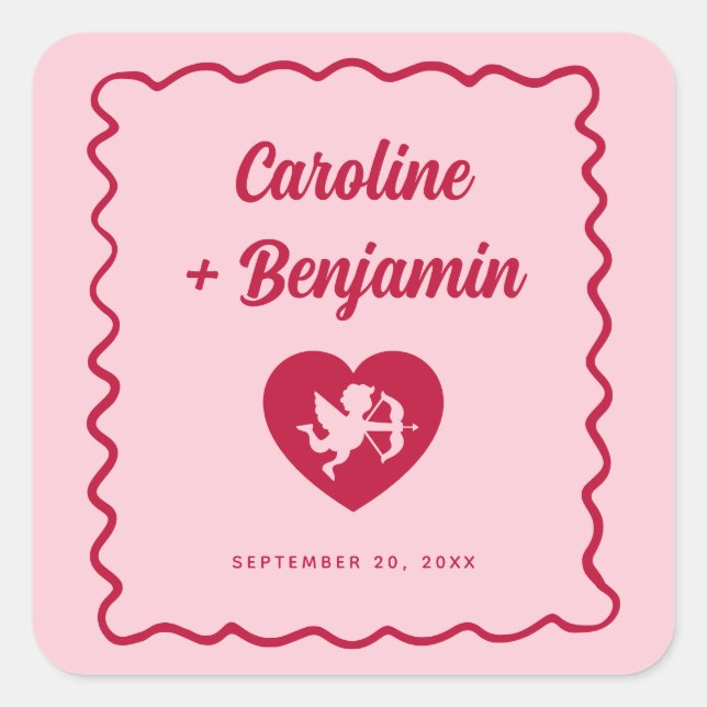 Retro Wavy Frame Red Pink Cupid Heart Wedding Square Sticker (Front)