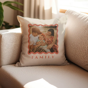 Retro Wavy Frame Terracotta Family Photo Cushion