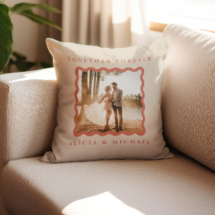 Retro Wavy Frame Terracotta Newly Weds Photo Cushion