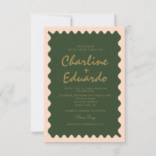 Retro Wavy Green Peach Pastel  Wedding  Invitation