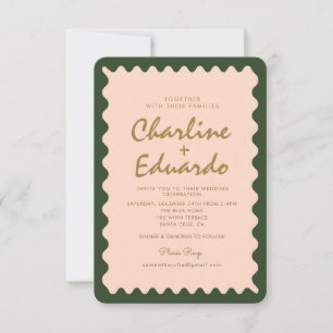 Retro Wavy Green Peach Pastel  Wedding  Invitation