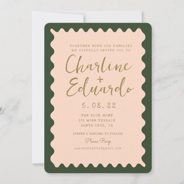 Retro Wavy Green Peachy Golden Wedding Invitation (Front)