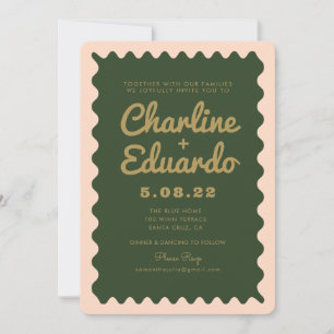 Retro Wavy Green Peachy Golden Wedding Invitation