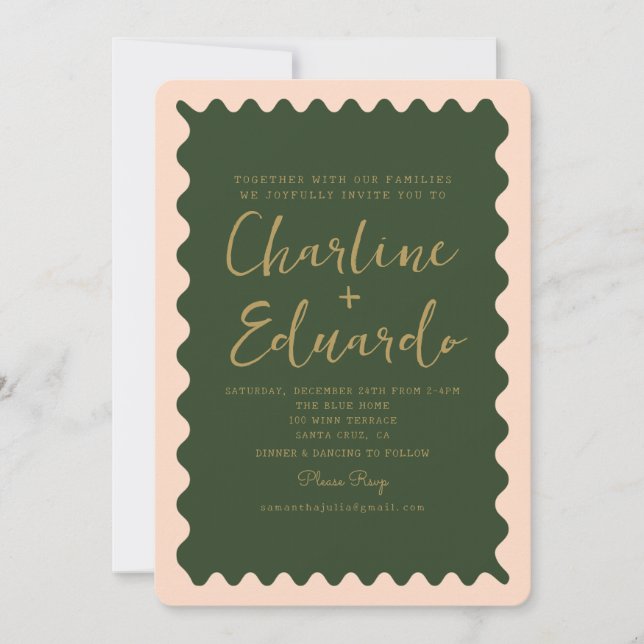Retro Wavy Green Peachy Golden Wedding Invitation (Front)