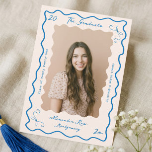 Retro Wavy Hand Drawn Bow Grad Photo Graduation Announcement