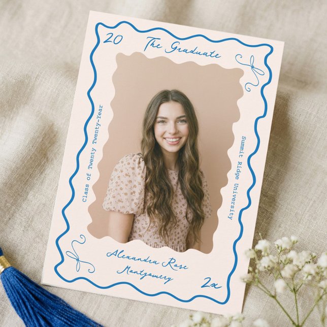 Retro Wavy Hand Drawn Bow Grad Photo Graduation Announcement (Retro Wavy Hand Drawn Bow Grad Photo Graduation Announcement)